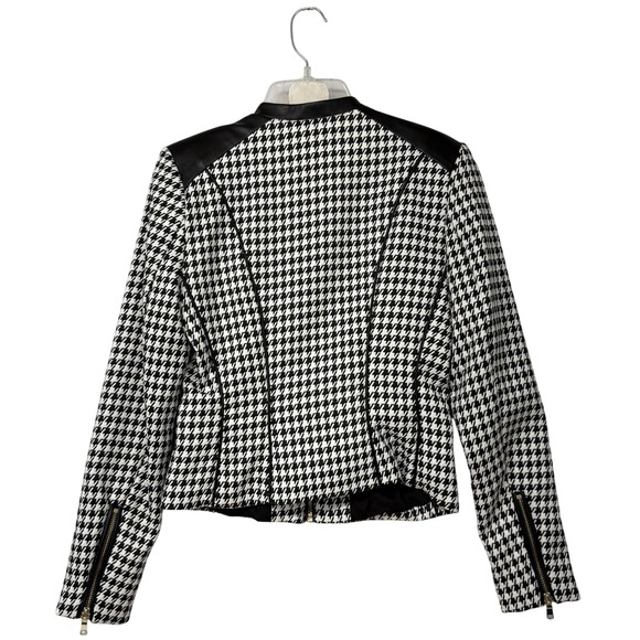 H&M Women Black White Houndstooth Faux Leather Trim Moto Jacket Size US 4 - Picture 3 of 8